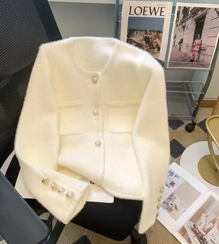 Vintage Beige Warm Women Long Sleeve Knitted Cardigan Sweater Coat Autumn Winter Korean Fashion Black Single Breasted Tops Trend