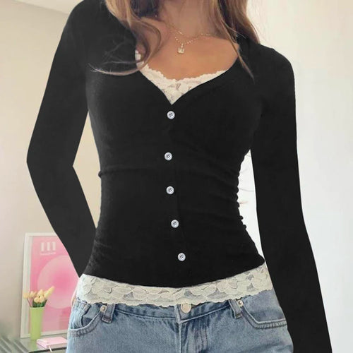 Load image into Gallery viewer, Korean Fashion Skinny Spring Autumn Women T-shirts Lace Patchwork Basic Buttons Top Tee Long Sleeve Contrast Y2K Cute
