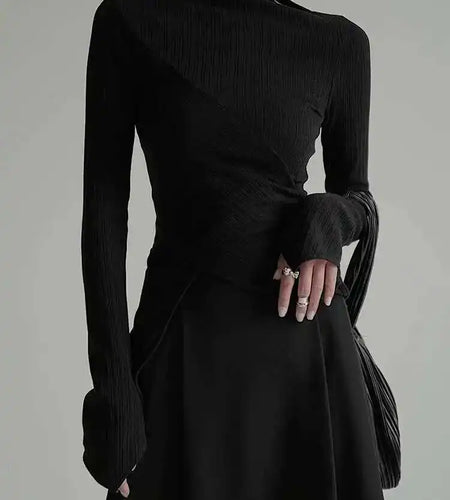 Black Irregular High Elastic Knitting Sweater Turtleneck Long Sleeve Women Pullovers New Fashion Spring Autumn 2025 1DF490