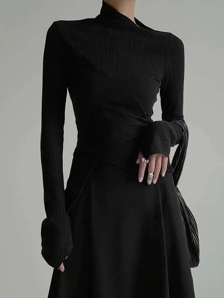 Black Irregular High Elastic Knitting Sweater Turtleneck Long Sleeve Women Pullovers New Fashion Spring Autumn 2025 1DF490