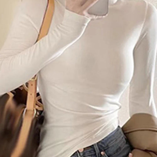 Load image into Gallery viewer, White Long Sleeve Slim Basic Women&#39;s T-shirts Solid Color Fashion High Collar Simple Slight Stretch Chic Female Blouses
