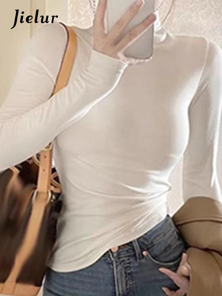 White Long Sleeve Slim Basic Women's T-shirts Solid Color Fashion High Collar Simple Slight Stretch Chic Female Blouses