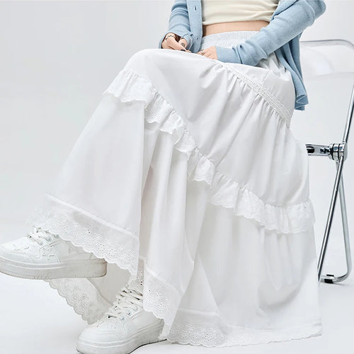 Load image into Gallery viewer, White Lace Sweet Summer Elegant Women&#39;s Skirts Office Ladies New Solid Color Chicly Elastic Waist Simple Casual Female Skirts
