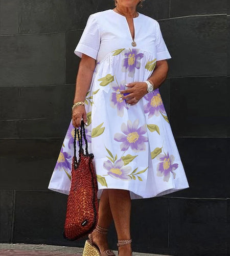 Loose Flower Print Summer Dress Woman 2025 New Pleated Appliques V-neck Zippers Simple A-line Midi Dress Office Lady