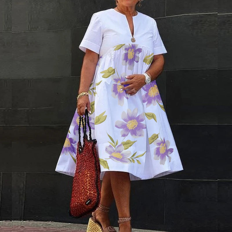 Loose Flower Print Summer Dress Woman 2025 New Pleated Appliques V-neck Zippers Simple A-line Midi Dress Office Lady