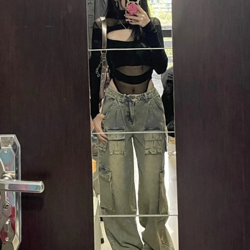 Load image into Gallery viewer, Harajuku Hollow Out Grunge Slim Jumpsuits Women Y2k Aesthetic Gauze Patchwork T-shirt 2025 Streetwear Half High Collar Sexy Tops
