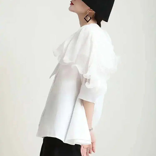 Load image into Gallery viewer, Women Green Irregular Ruffles Big Size Blouse New Lapel Short Sleeve Loose Fit Shirt Fashion Spring Summer 2025 1DF4886
