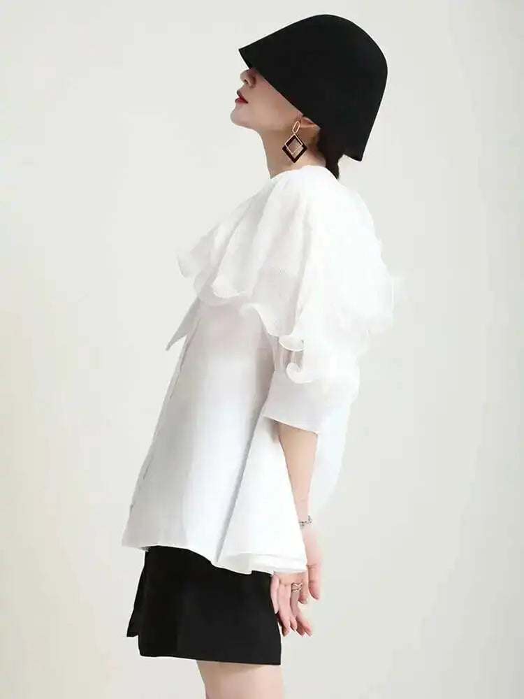 Women Green Irregular Ruffles Big Size Blouse New Lapel Short Sleeve Loose Fit Shirt Fashion Spring Summer 2025 1DF4886