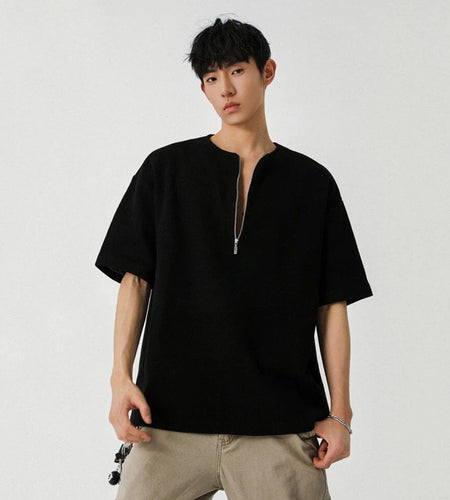 Male T-shirt New American Style Half Zippper Solid Color Short Sleeved T-shirts Casual Loose Trendy Men Summer 9W1294