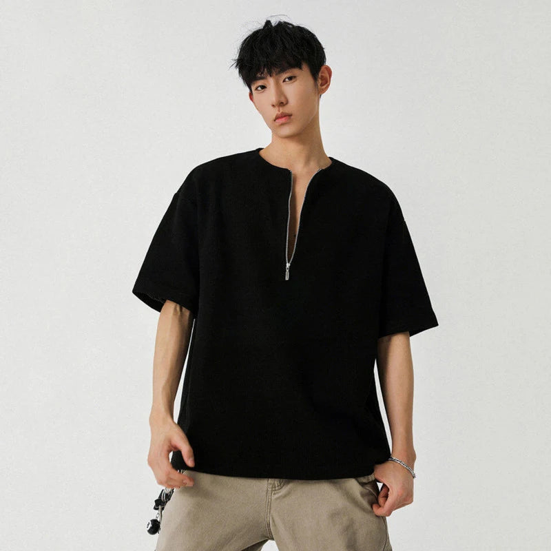 Male T-shirt New American Style Half Zippper Solid Color Short Sleeved T-shirts Casual Loose Trendy Men Summer 9W1294