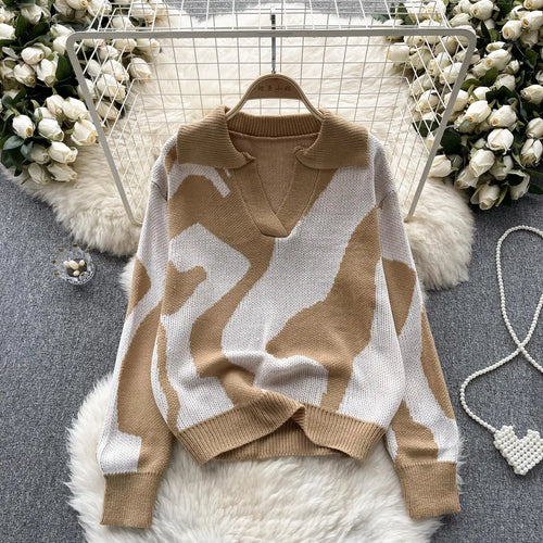 Load image into Gallery viewer, Korean Long Sleeved Patchwork Office Crochet Sweater For Women Autumn Winter Holiday Knit Pullover Tops Fashion Casual Popular
