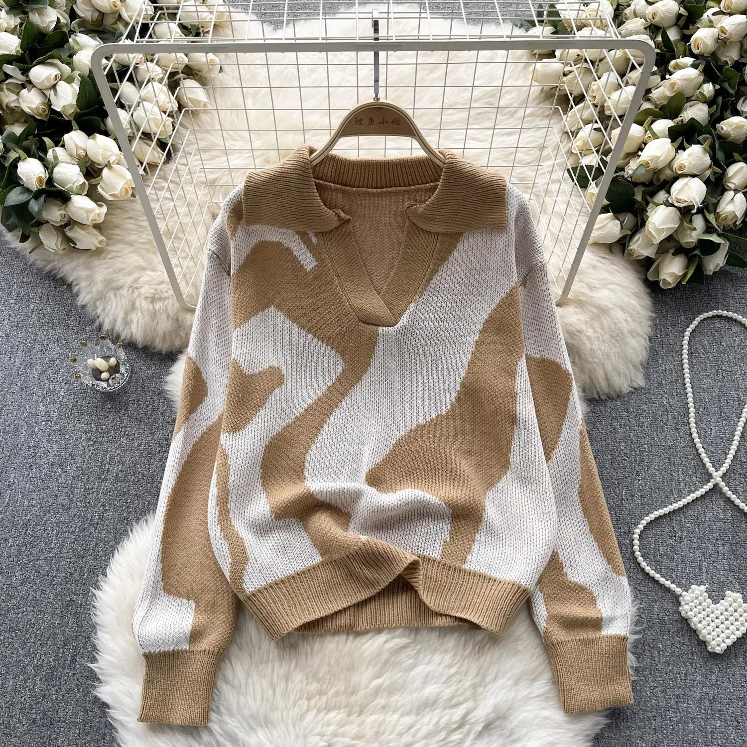 Korean Long Sleeved Patchwork Office Crochet Sweater For Women Autumn Winter Holiday Knit Pullover Tops Fashion Casual Popular