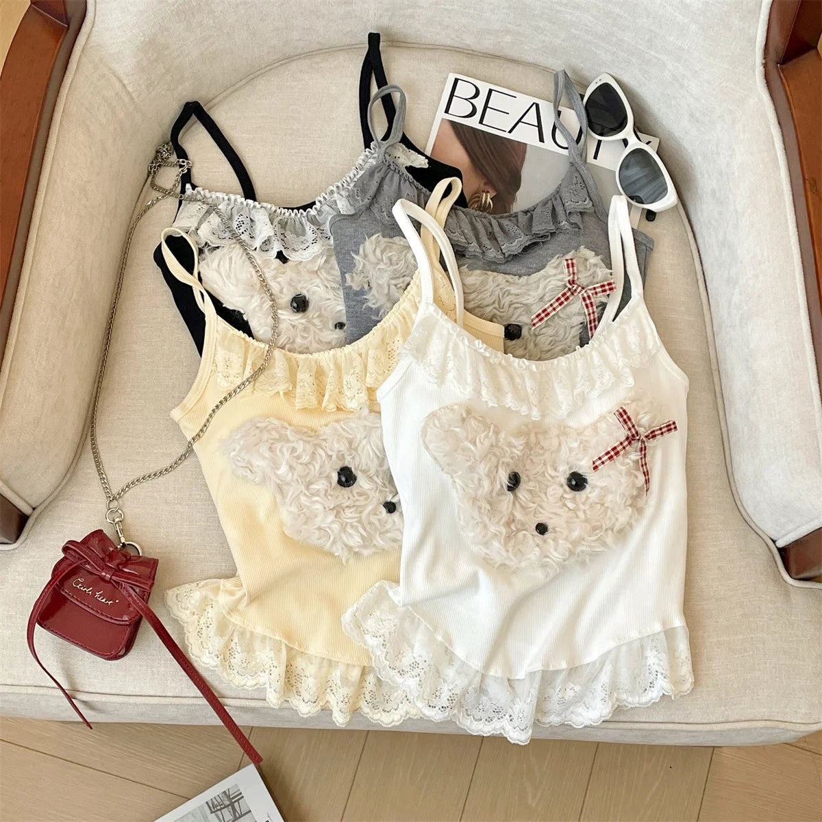 French Fashion Women Puppy Patchwork Lace Sleeveless Short Slip Top Summer Round Neck Backless Versatile Spaghetti Strap Tops