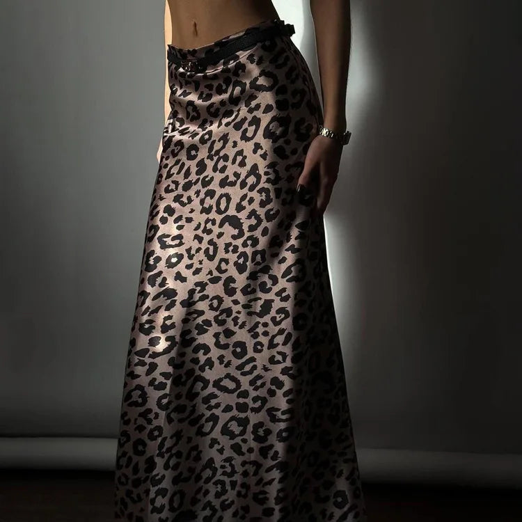Satin Leopard Print Long Skirt Women Fashion High Waist Maxi Fishtail Skirt Ladies Fashion With Zipper Sexy Skirts