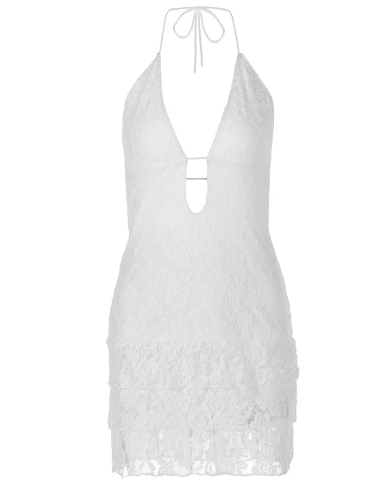 Summer New Sexy Hollow Out Lace Up Hanging Women Dress Temperament Vestido Short Skirt Slim Party Vacation Beach