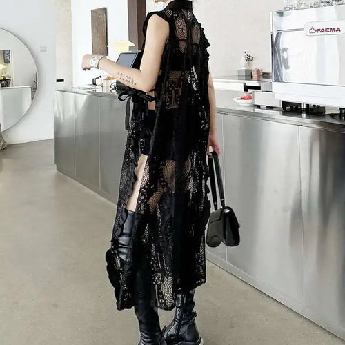 Load image into Gallery viewer, Women White Lace Perspective Ruffles Big Size Shirt Dress New Lapel Sleeveless Fashion Tide Spring Summer 2025 1DH6069
