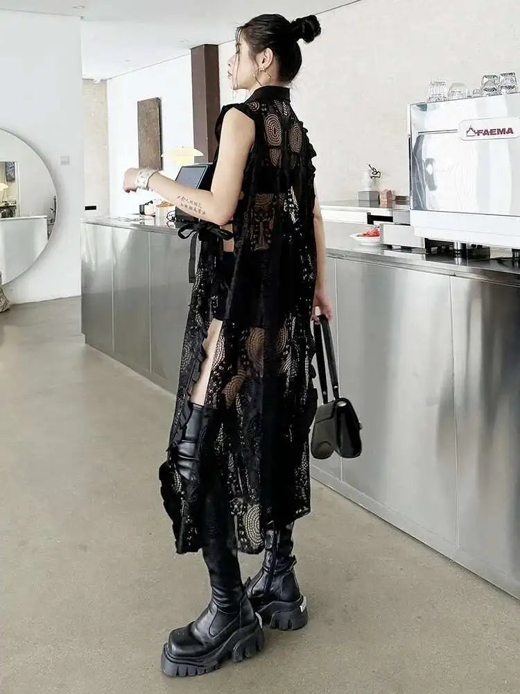 Women White Lace Perspective Ruffles Big Size Shirt Dress New Lapel Sleeveless Fashion Tide Spring Summer 2025 1DH6069