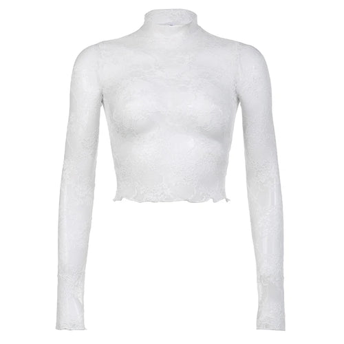 Load image into Gallery viewer, Fashion Elegant White Lace Top Cropped Stand Collar Slim Sexy T-shirts Female Transparent Thin Party Shirt Smock Chic

