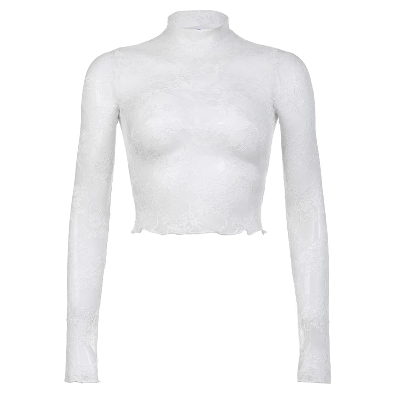Fashion Elegant White Lace Top Cropped Stand Collar Slim Sexy T-shirts Female Transparent Thin Party Shirt Smock Chic