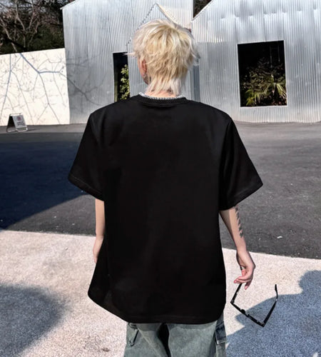 Summer Male Short Sleeved T-shirts Round Neck Collar Contrast Color Lines Decoration Loose Menwear Shoulder Pad 9W1496