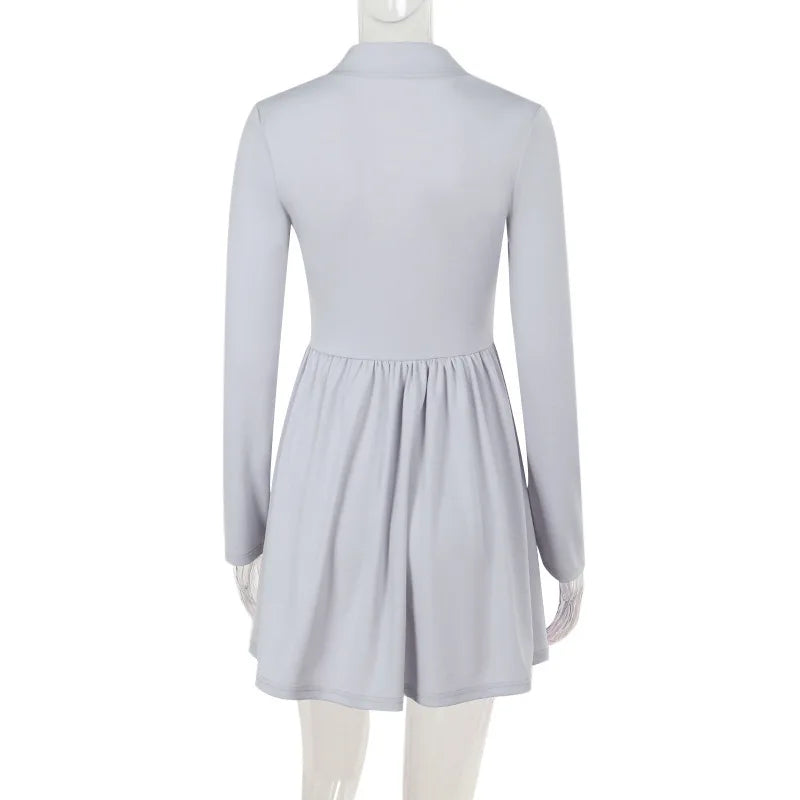 Gray Long Sleeve Sexy Mini Dress Women Solid V Neck High Waist A-line Club Party Pleated Sexy Dress Elegant Clubwear