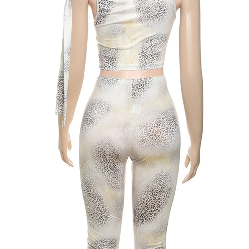 Load image into Gallery viewer, Leopard Print Sexy Tight 2 Piece Set Women Sexy Bandage Strap Skew Collar Crop Tops+Bike Shorts High Stretch Streetwear
