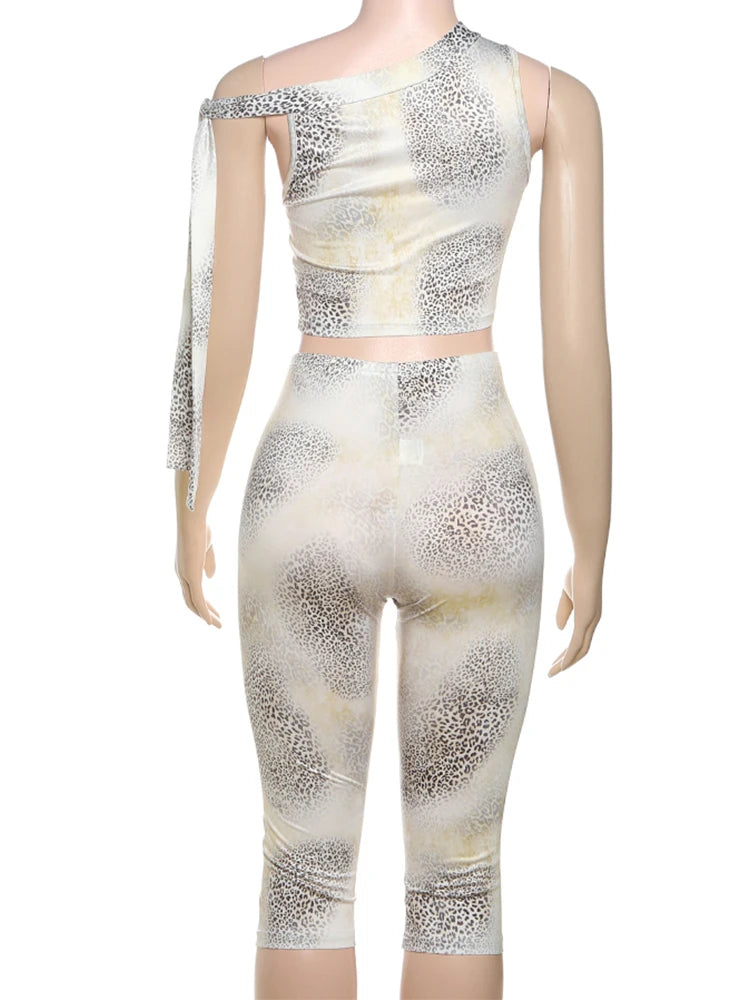 Leopard Print Sexy Tight 2 Piece Set Women Sexy Bandage Strap Skew Collar Crop Tops+Bike Shorts High Stretch Streetwear