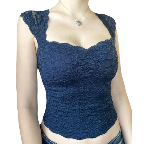 Load image into Gallery viewer, y2k Lace Crop Top 2000s Aesthetic Women V Neck Sleeveless Tanks Sweet Style T Shirt Kawaii E Girl Clothes Streetwear
