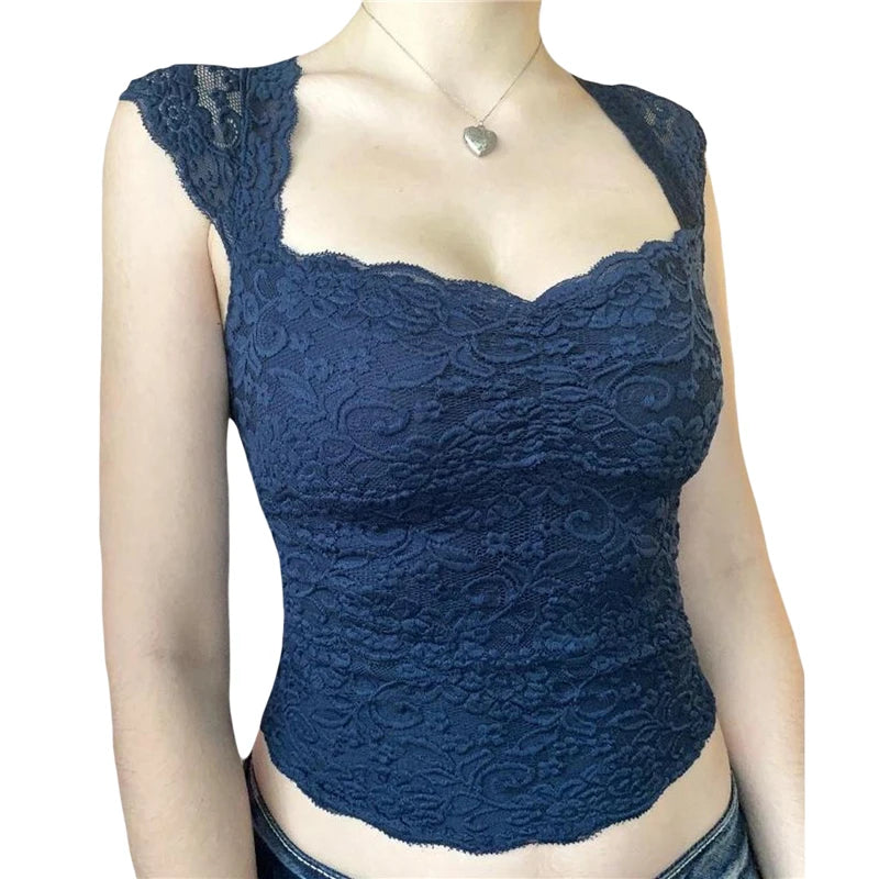 y2k Lace Crop Top 2000s Aesthetic Women V Neck Sleeveless Tanks Sweet Style T Shirt Kawaii E Girl Clothes Streetwear