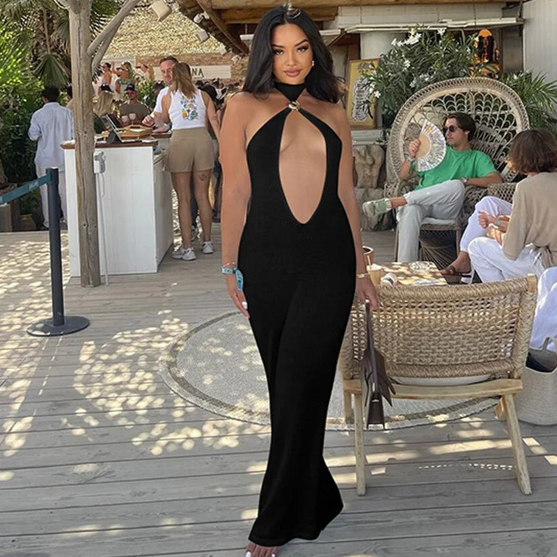 Halter Hollow Out Sexy Maxi Dress For Women Gown Fashion Off-shoulder Sleeveless Backless Bodycon Beach Club Dress