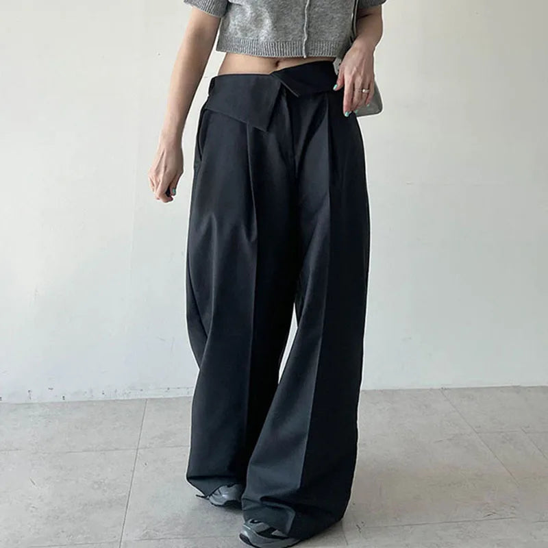 Korean Fashion Straight Suit Pants Solid Basic Harajuku Turn-Down Waist Wide Leg Trousers Folds Baggy Sweatpants 2023