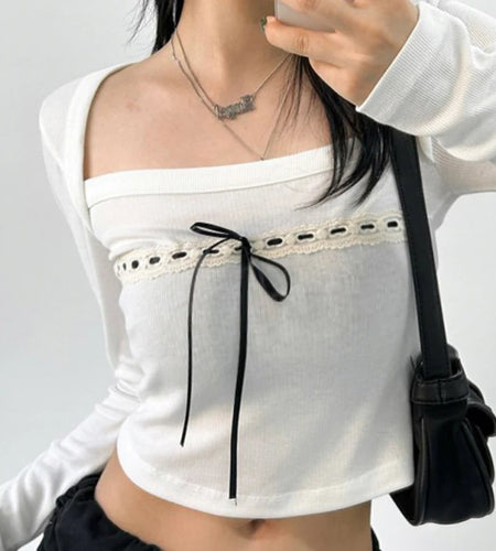 Square Neck Korean Cute Bow Autumn T-shirts for Women Lace Trim Slim Coquett Clothes Crop Top Kawaii Long Sleeve Tees
