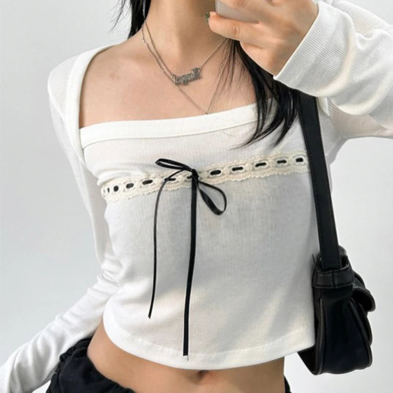 Square Neck Korean Cute Bow Autumn T-shirts for Women Lace Trim Slim Coquett Clothes Crop Top Kawaii Long Sleeve Tees