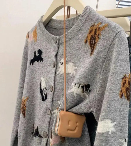 Korean Vintage 2024 New Grey Dog Patchwork Elegant Long Sleeved Sweater Autumn Winter Women's Round Neck Short Cardigan Knit Top