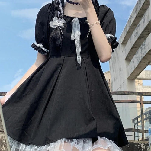 Load image into Gallery viewer, Kawaii Gothic Lolita Dress Women Goth Harajuku Cute Lace Black Puff Sleeve Short Dresses School Jk Summer Girls
