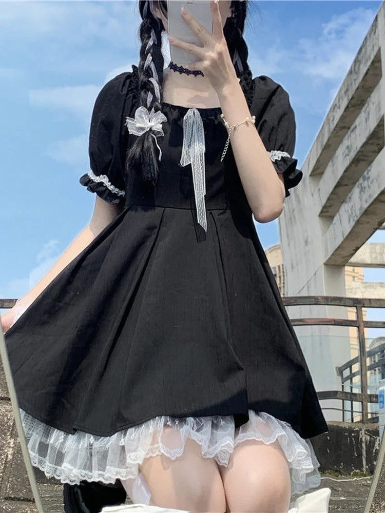 Kawaii Gothic Lolita Dress Women Goth Harajuku Cute Lace Black Puff Sleeve Short Dresses School Jk Summer Girls