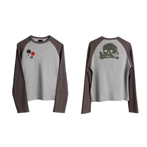 Load image into Gallery viewer, Japanese Y2k Patchwork T-shirt Vintage 2000s Style Knitted Tops 90s Harajuku Long Sleeve Ribbed T Shirt American Retro
