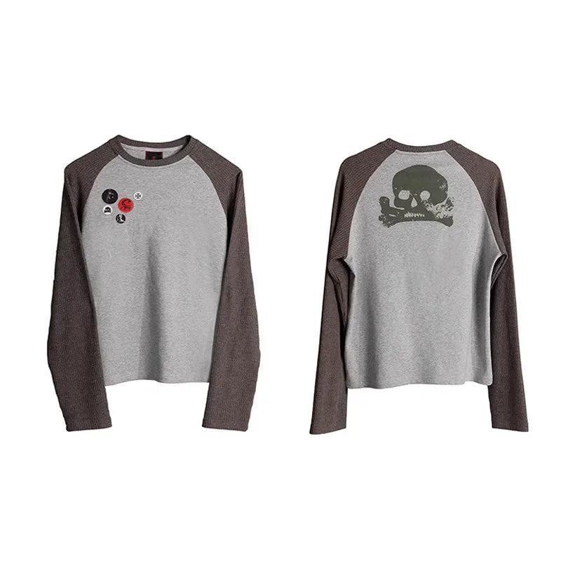 Japanese Y2k Patchwork T-shirt Vintage 2000s Style Knitted Tops 90s Harajuku Long Sleeve Ribbed T Shirt American Retro