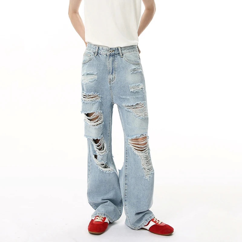 Men's Jeans New American High Street Style Personalized Hole Design Distressed Straight Wide Leg Male Denim Pants 9W1835