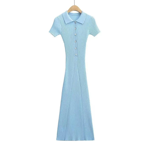 Load image into Gallery viewer, Korean Version Solid Polo Collar Single Breasted Knitted Long Dress Women's Summer Elegant Slim Short Sleeve Wrapped Hip Dresses
