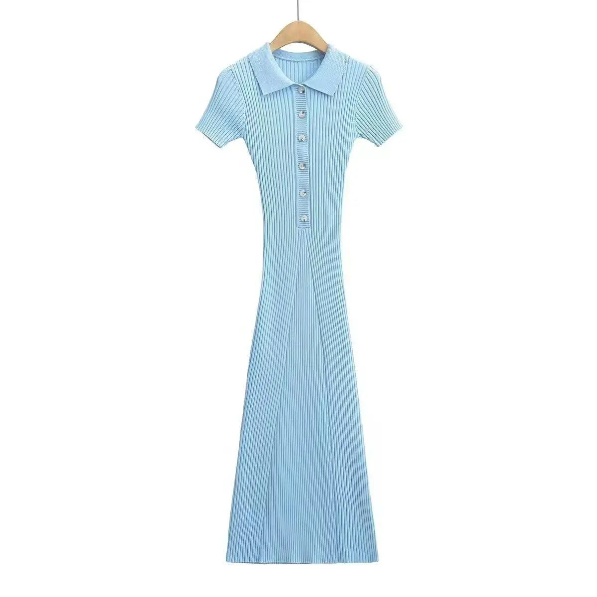 Korean Version Solid Polo Collar Single Breasted Knitted Long Dress Women's Summer Elegant Slim Short Sleeve Wrapped Hip Dresses