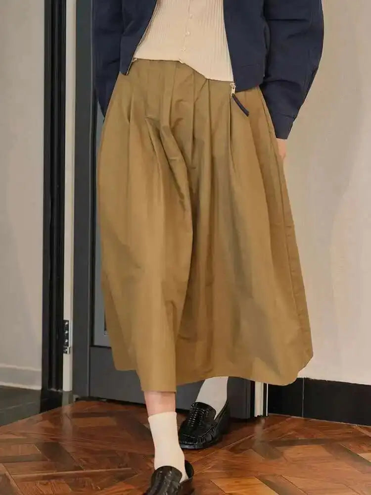 High Elastic Waist Khaki Pleated Causal Half-body Skirt Loose Fit Women Fashion Tide New Spring Autumn 2025 1DH0004