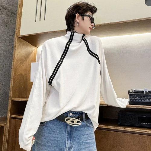 Load image into Gallery viewer, Ribbon Decoration Men&#39;s Tops Mock Neck Long Sleeve Contrast Color Simple Casual Male Pullover Trendy Autumn 9C3999
