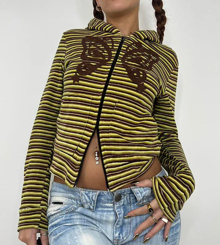 Grunge Stripe Velvet Y2K Autumn Jacket Women Butterfly Embroidery Vintage Hooded Coat Zipper Aesthetic 90s Outerwear