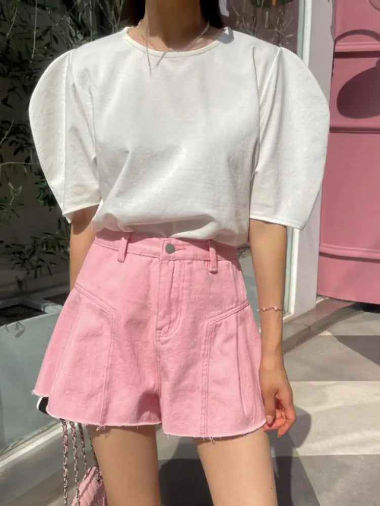 Fashion Summer Women Pink Elegant High Waist Button Wigh Leg Jeans Casual Female Loose Blue Versatile A-line Denim Shorts French