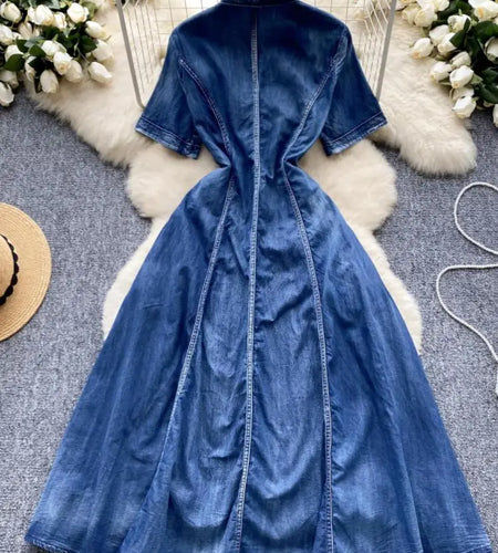 Vintage Chinese Style Summer Blue Embroidery Denim Long Dress Women Stand Neck Elegant Short Sleeve Festival Party Evening Dress