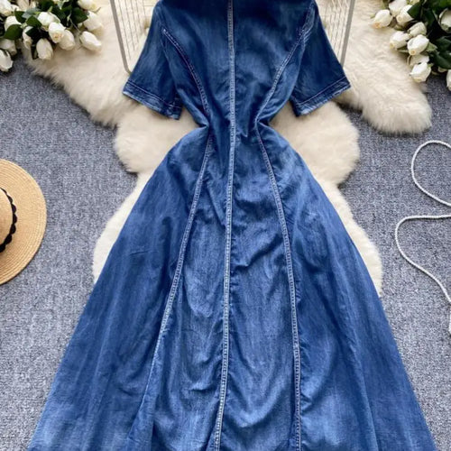 Load image into Gallery viewer, Vintage Chinese Style Summer Blue Embroidery Denim Long Dress Women Stand Neck Elegant Short Sleeve Festival Party Evening Dress

