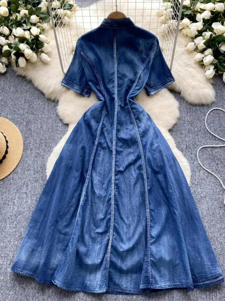 Vintage Chinese Style Summer Blue Embroidery Denim Long Dress Women Stand Neck Elegant Short Sleeve Festival Party Evening Dress