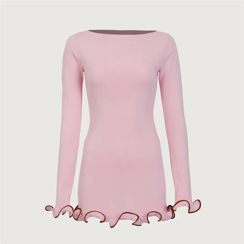Load image into Gallery viewer, Long Sleeve Knit Mini Dress For Women Pullovers Sweater Dress Autumn Winter New Contrast Color O Neck Ruffled Dress
