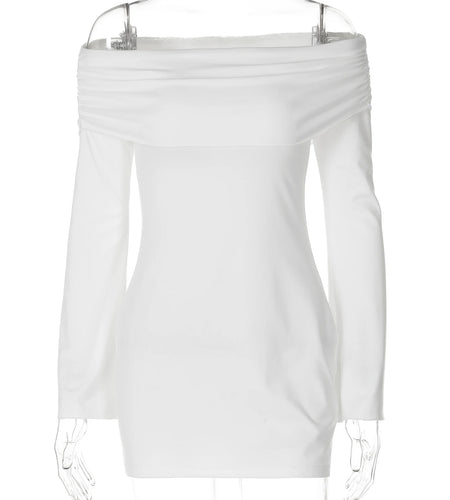 Elegant Solid Slash Neck Long Sleeve Ruched Sexy Bodycon Mini Dress Fall Women Casual Clothes Birthday Party Vacation